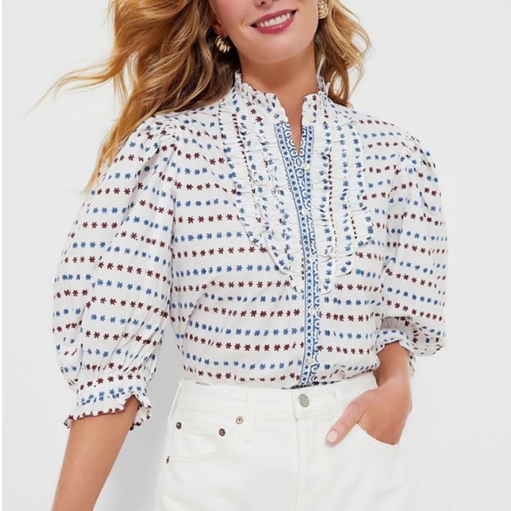OLIPHANT Ellis Blue Ruffle Front Button Blouse Medium NEW